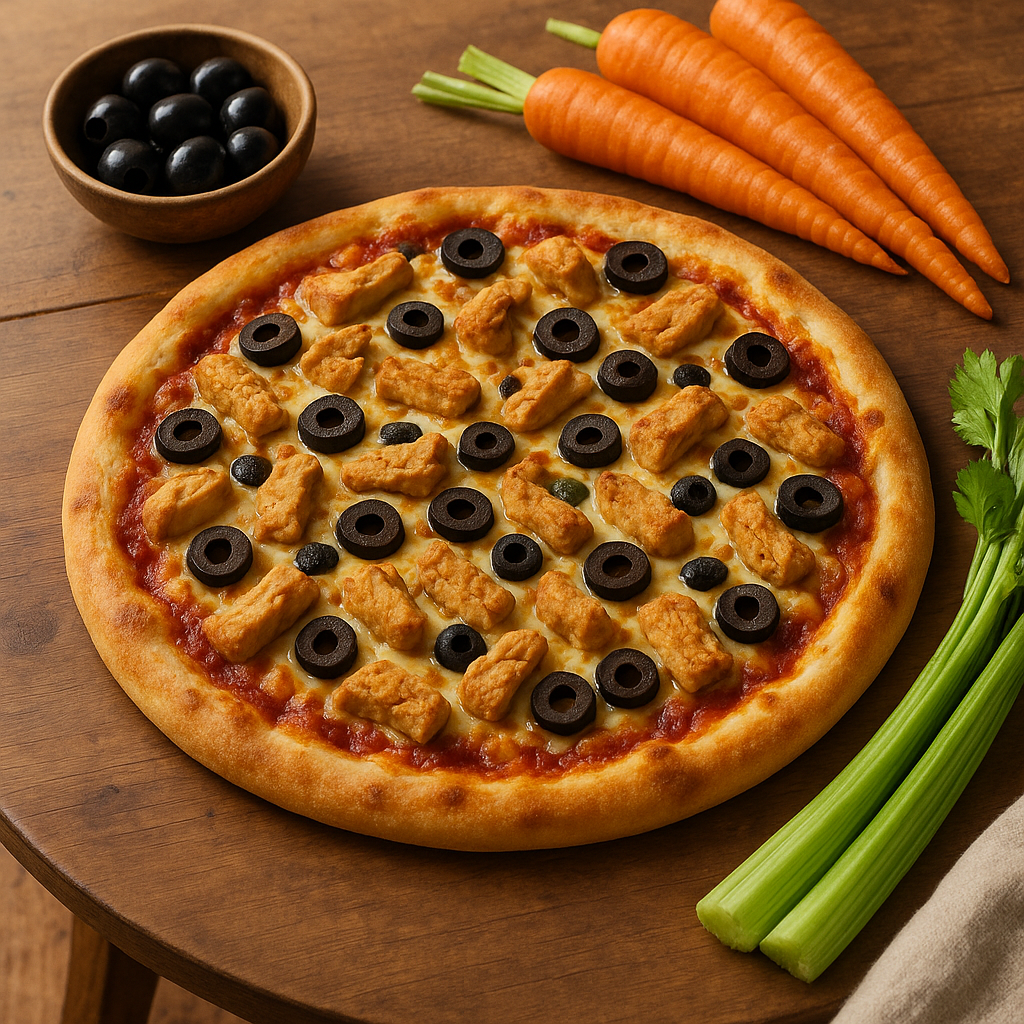 chicken pizza with olives and carrots celery