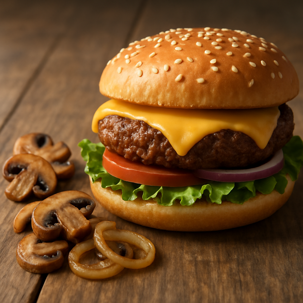 cheeseburger and mushrooms and onions